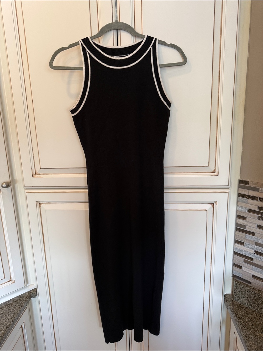 Baltic Born Black Ribbed Knit Midi Dress White Contrast Trim Sleeveless- SZ M